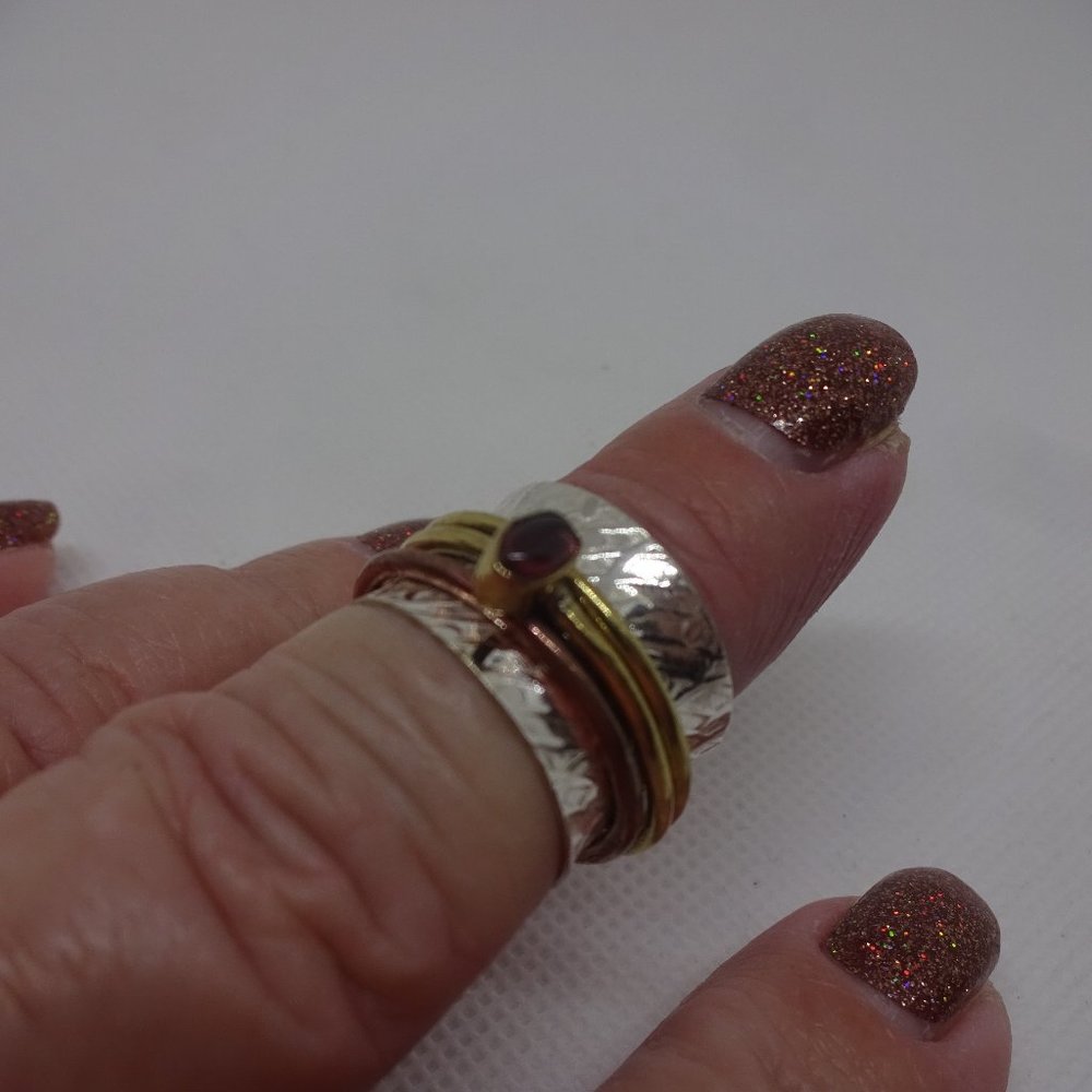 Whimsical "RUBELLITE SPINNER RING" Handmade in SILVER, COPPER & GOLD Size 8 #950